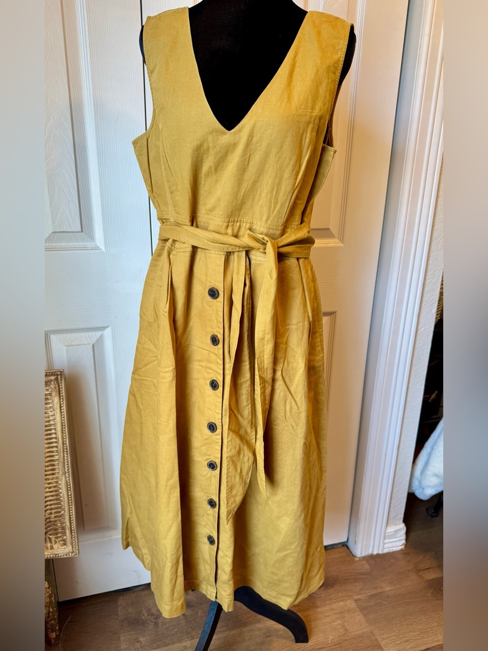 GAP Mustard Yellow/ Olive Midi Dress with Front Buttons and Tie Waist